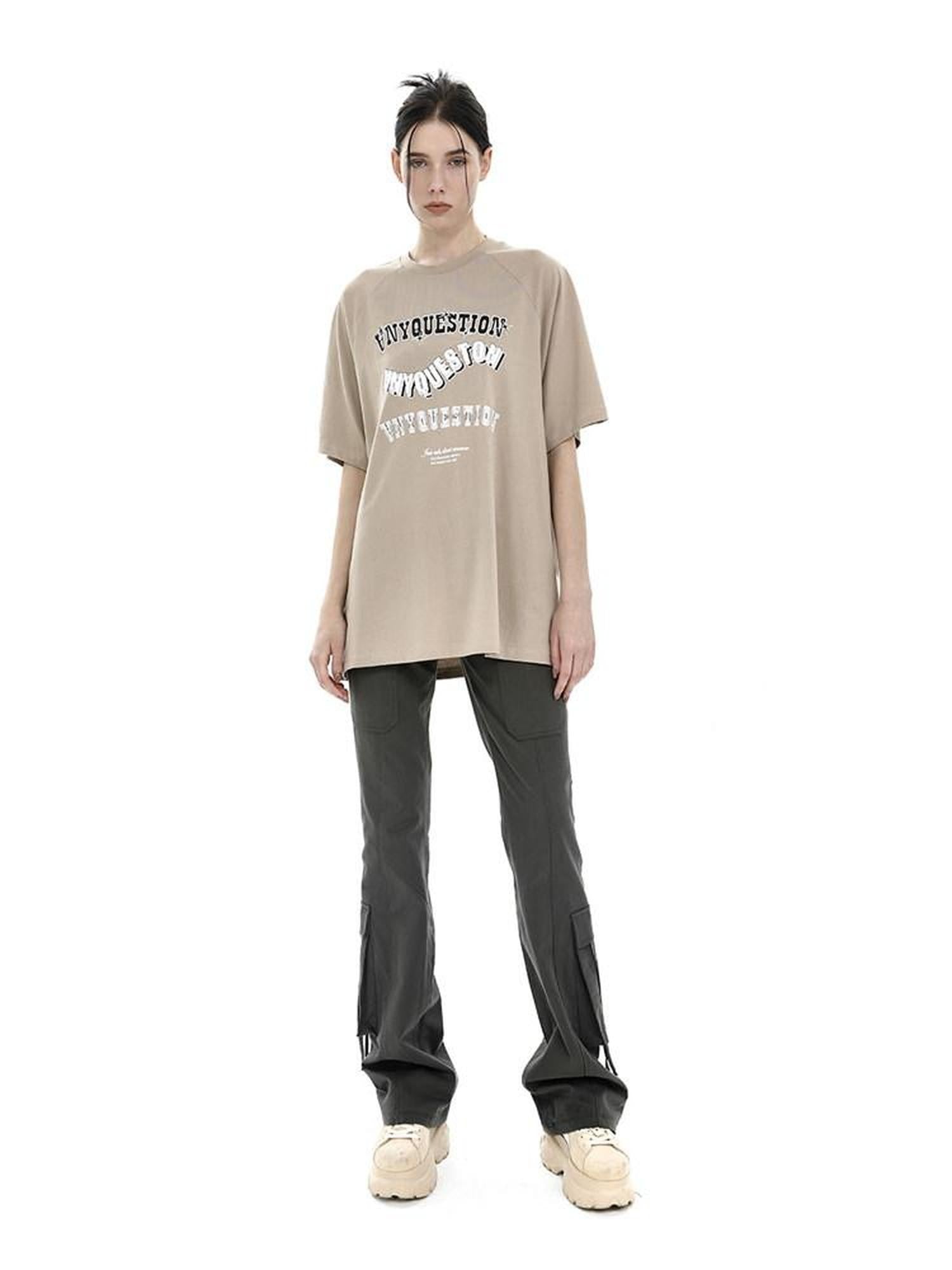 ANYQUESTION Khaki Vintage Letter Print Raglan Women&