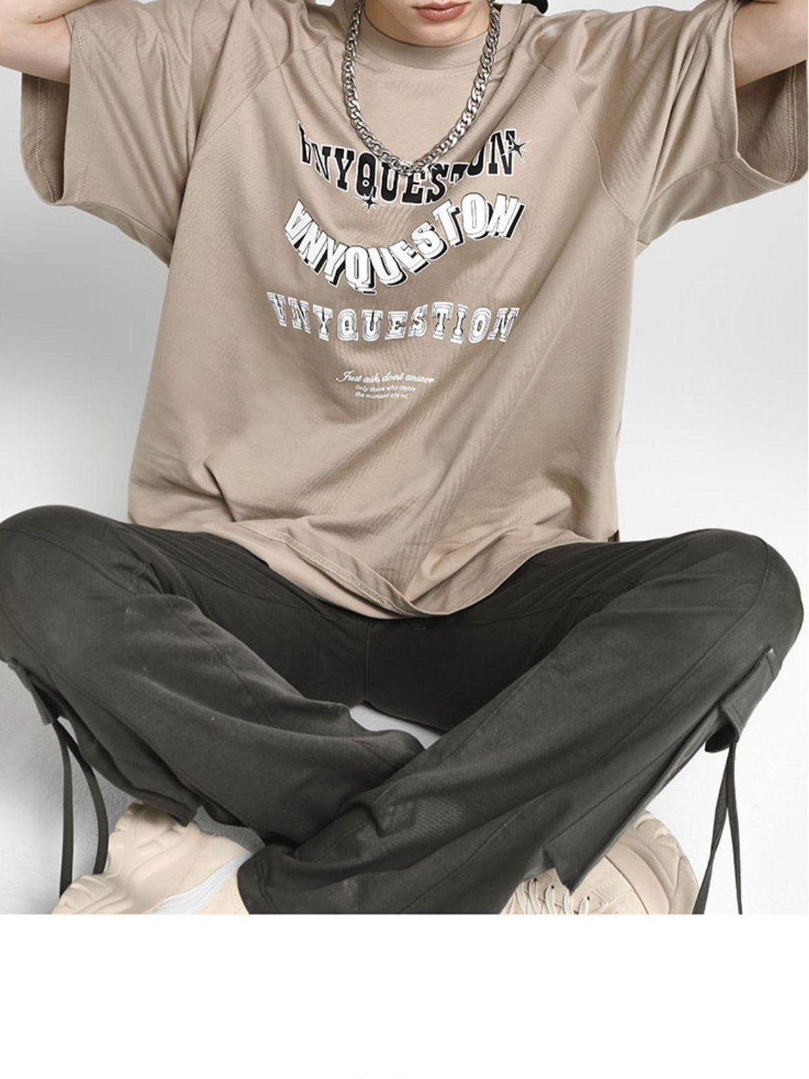 ANYQUESTION Khaki Vintage Letter Print Raglan Women&