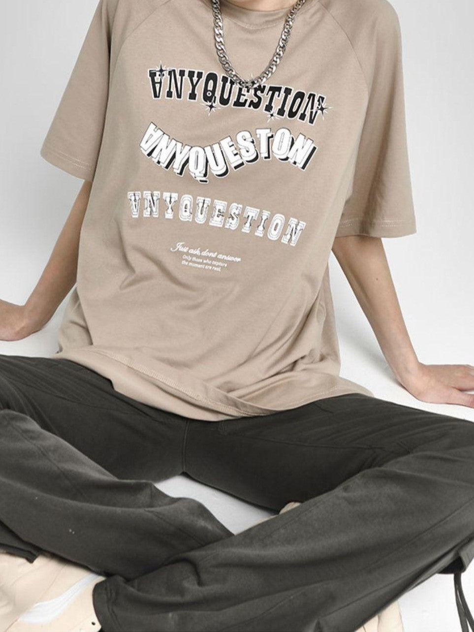 ANYQUESTION Khaki Vintage Letter Print Raglan Women&