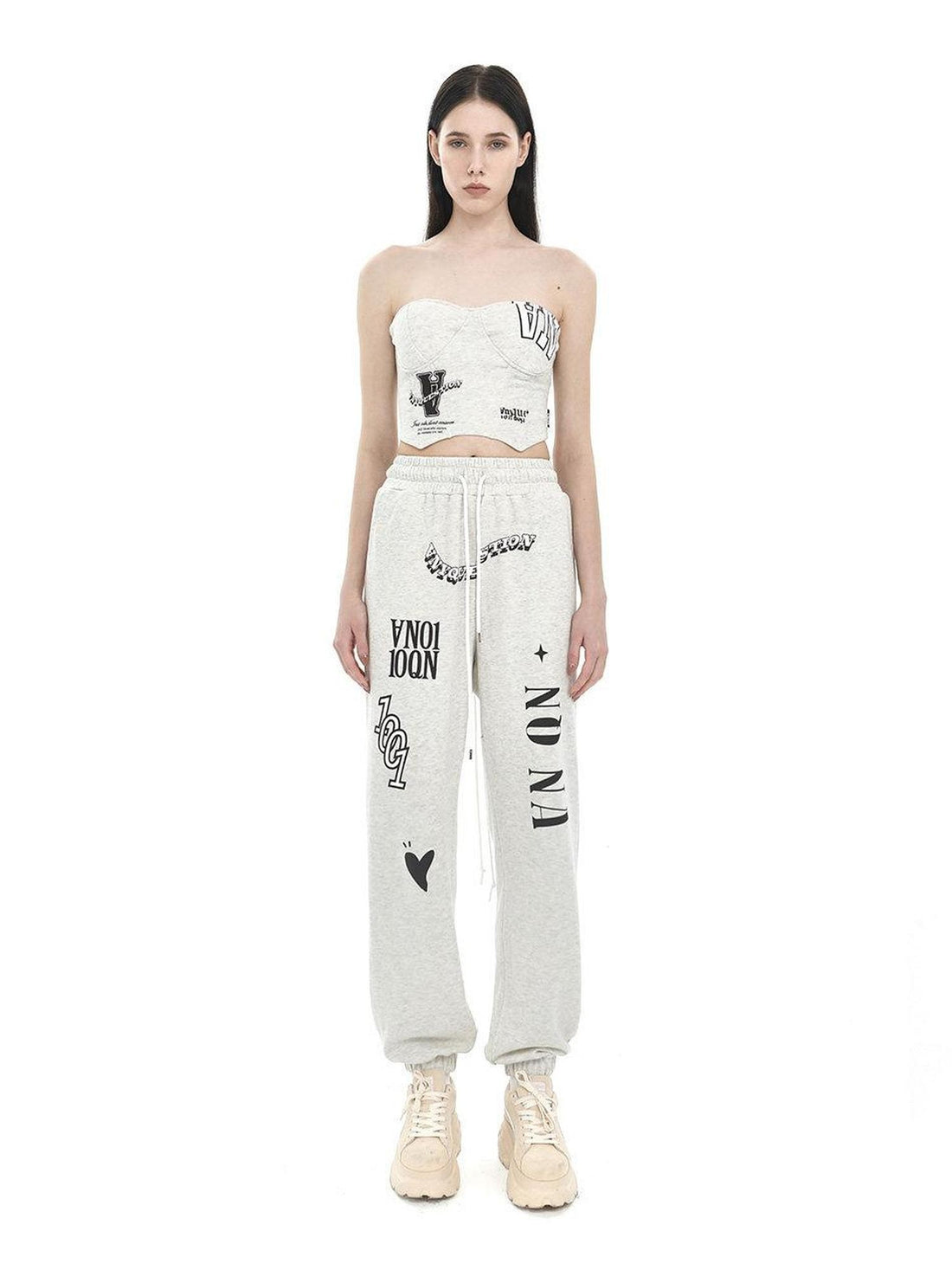 ANYQUESTION Light Heather Gray Letter Graffiti Print Cuffed Women&