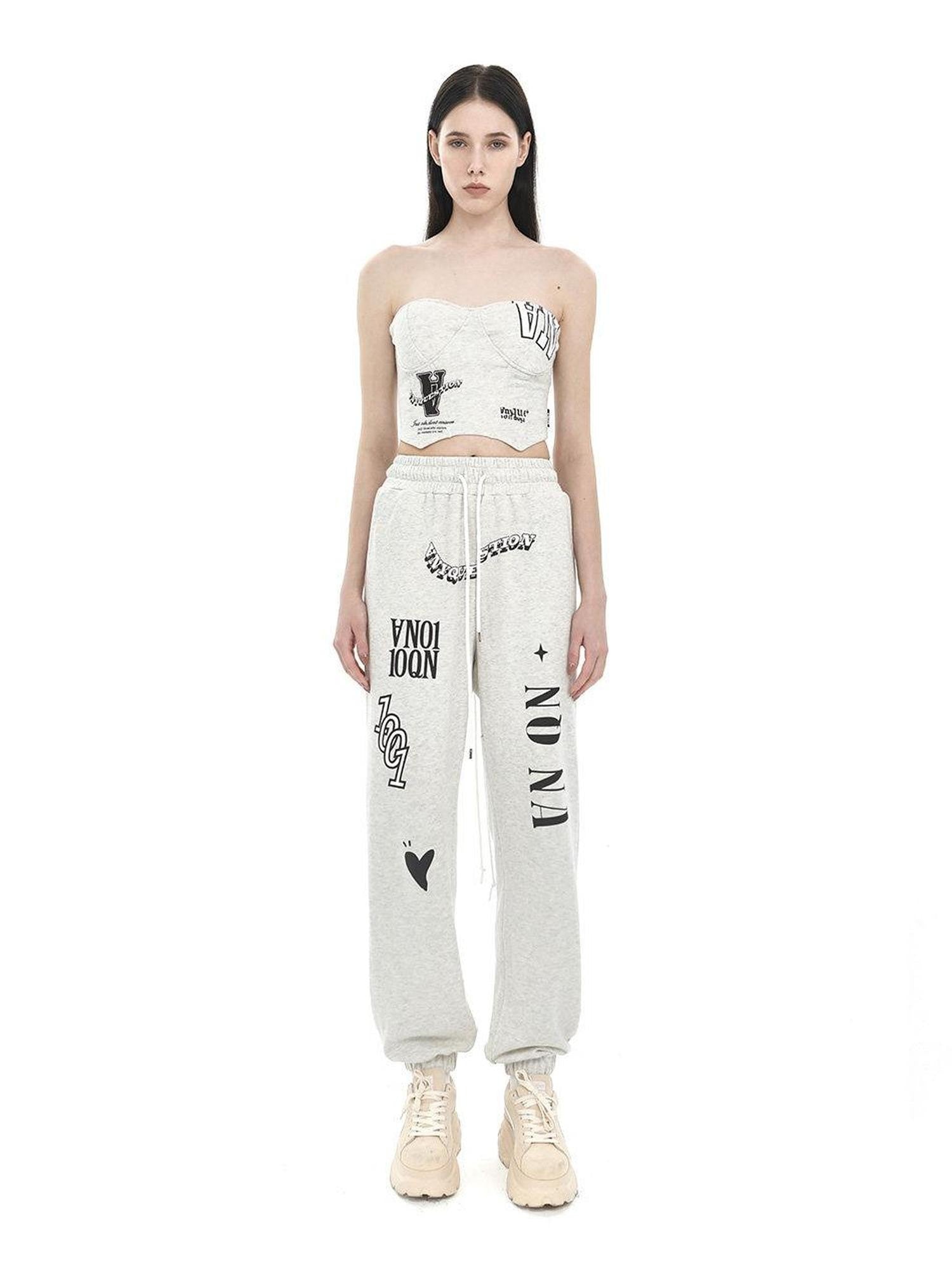 ANYQUESTION Light Heather Gray Letter Graffiti Print Cuffed Women&