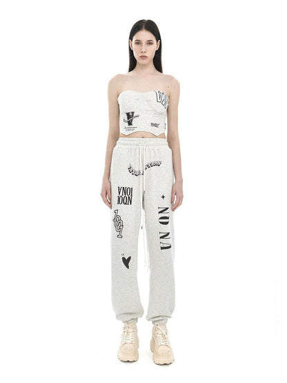 ANYQUESTION Light Heather Gray Letter Graffiti Print Cuffed Women&