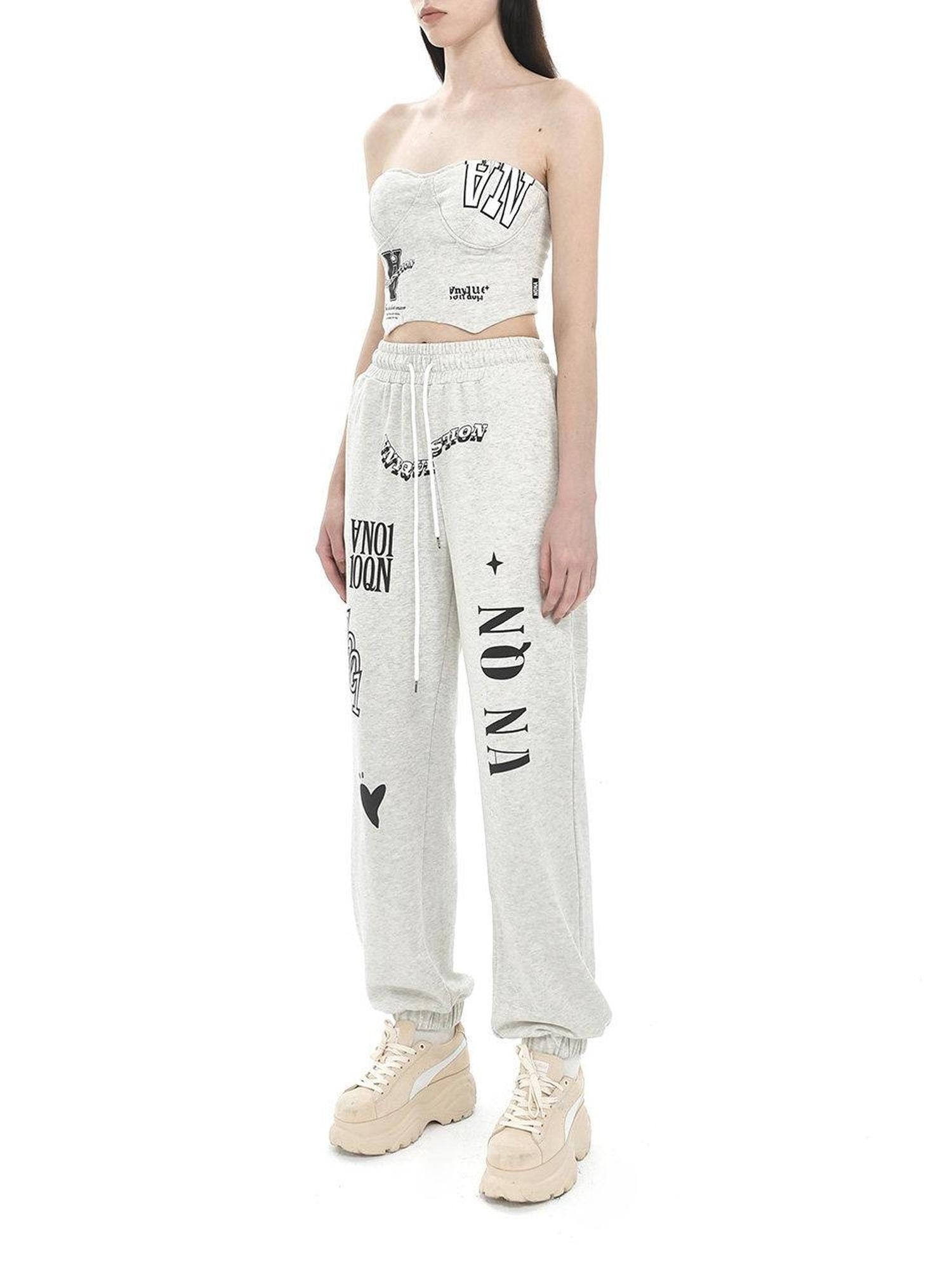ANYQUESTION Light Heather Gray Letter Graffiti Print Cuffed Women&