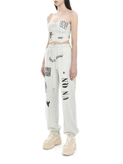 ANYQUESTION Light Heather Gray Letter Graffiti Print Cuffed Women&