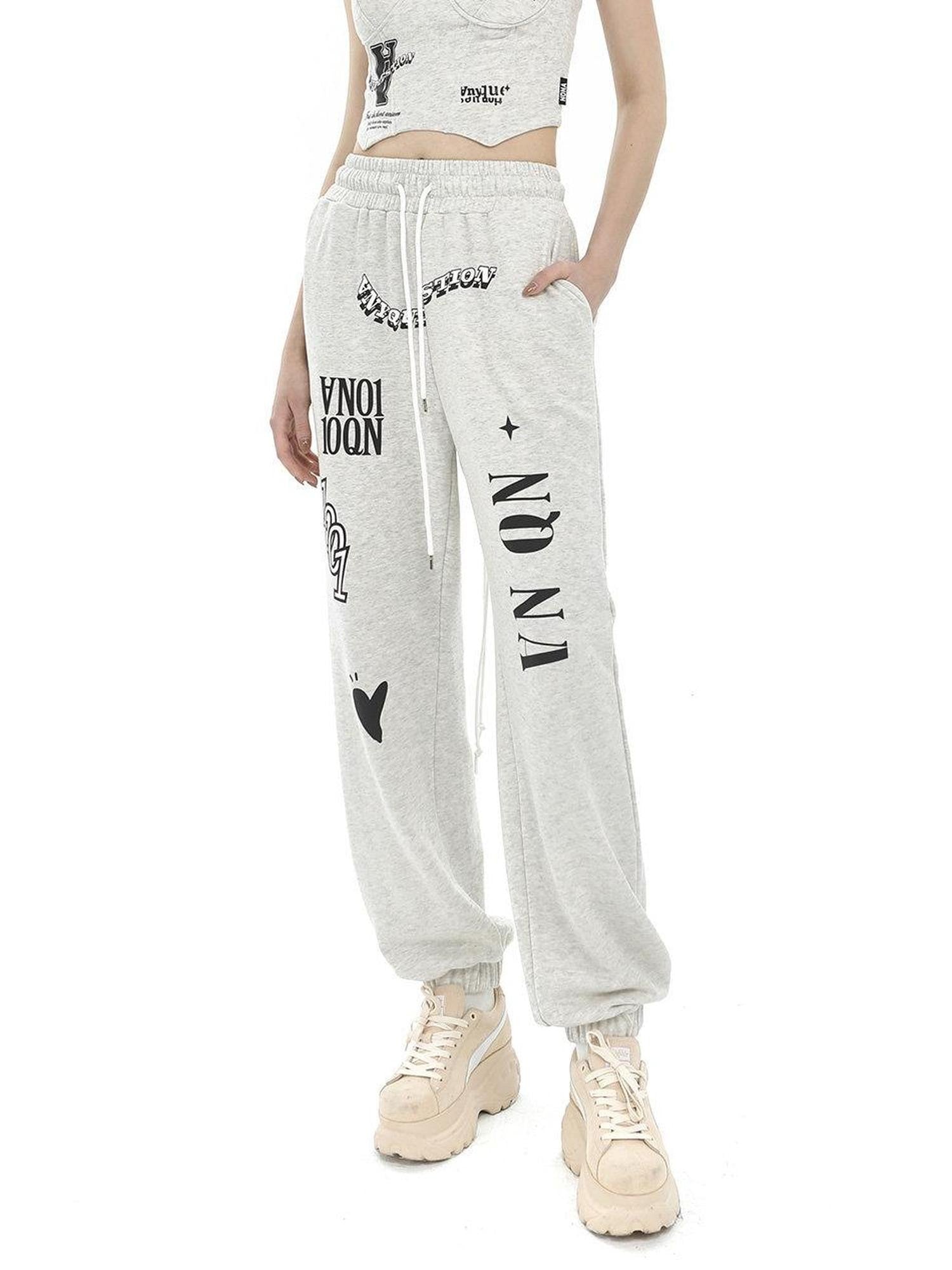 ANYQUESTION Light Heather Gray Letter Graffiti Print Cuffed Women&