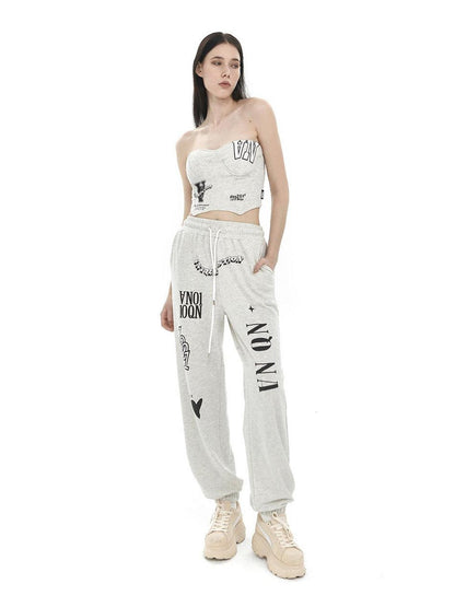 ANYQUESTION Light Heather Gray Letter Graffiti Print Cuffed Women&
