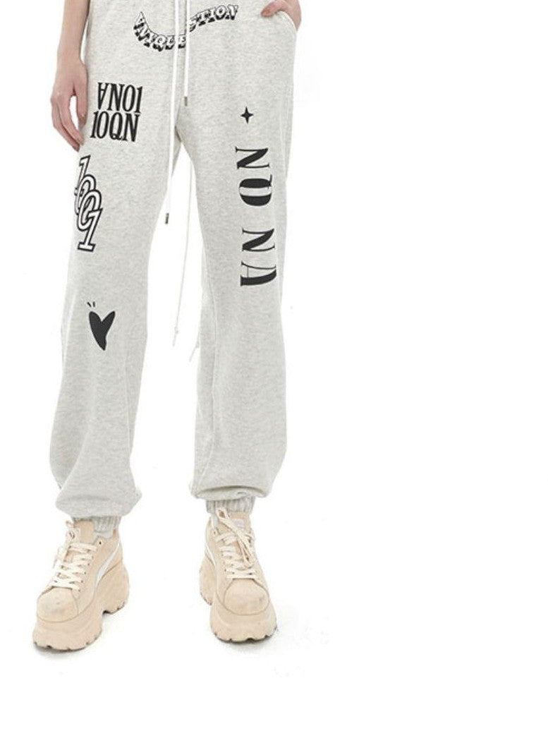 ANYQUESTION Light Heather Gray Letter Graffiti Print Cuffed Women&
