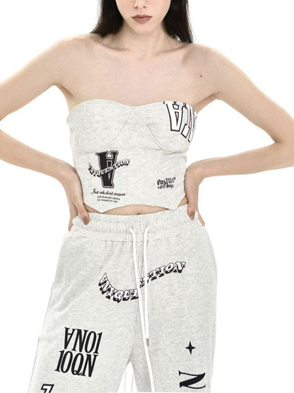 ANYQUESTION Light Heather Gray Letter Print Fishbone Ribbed Women&
