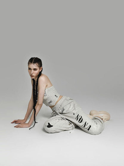 ANYQUESTION Light Heather Gray Letter Print Fishbone Ribbed Women&