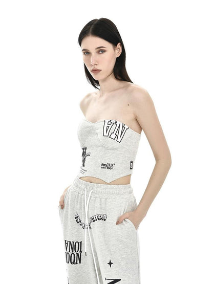 ANYQUESTION Light Heather Gray Letter Print Fishbone Ribbed Women&