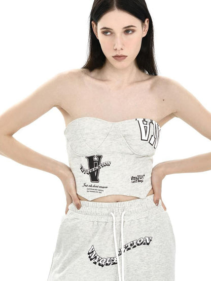 ANYQUESTION Light Heather Gray Letter Print Fishbone Ribbed Women&