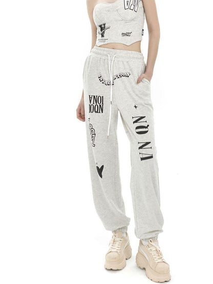 ANYQUESTION Light Heather Gray Letter Print Fishbone Ribbed Women&