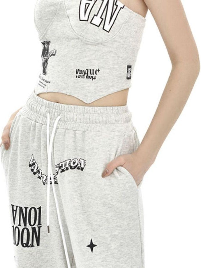 ANYQUESTION Light Heather Gray Letter Print Fishbone Ribbed Women&