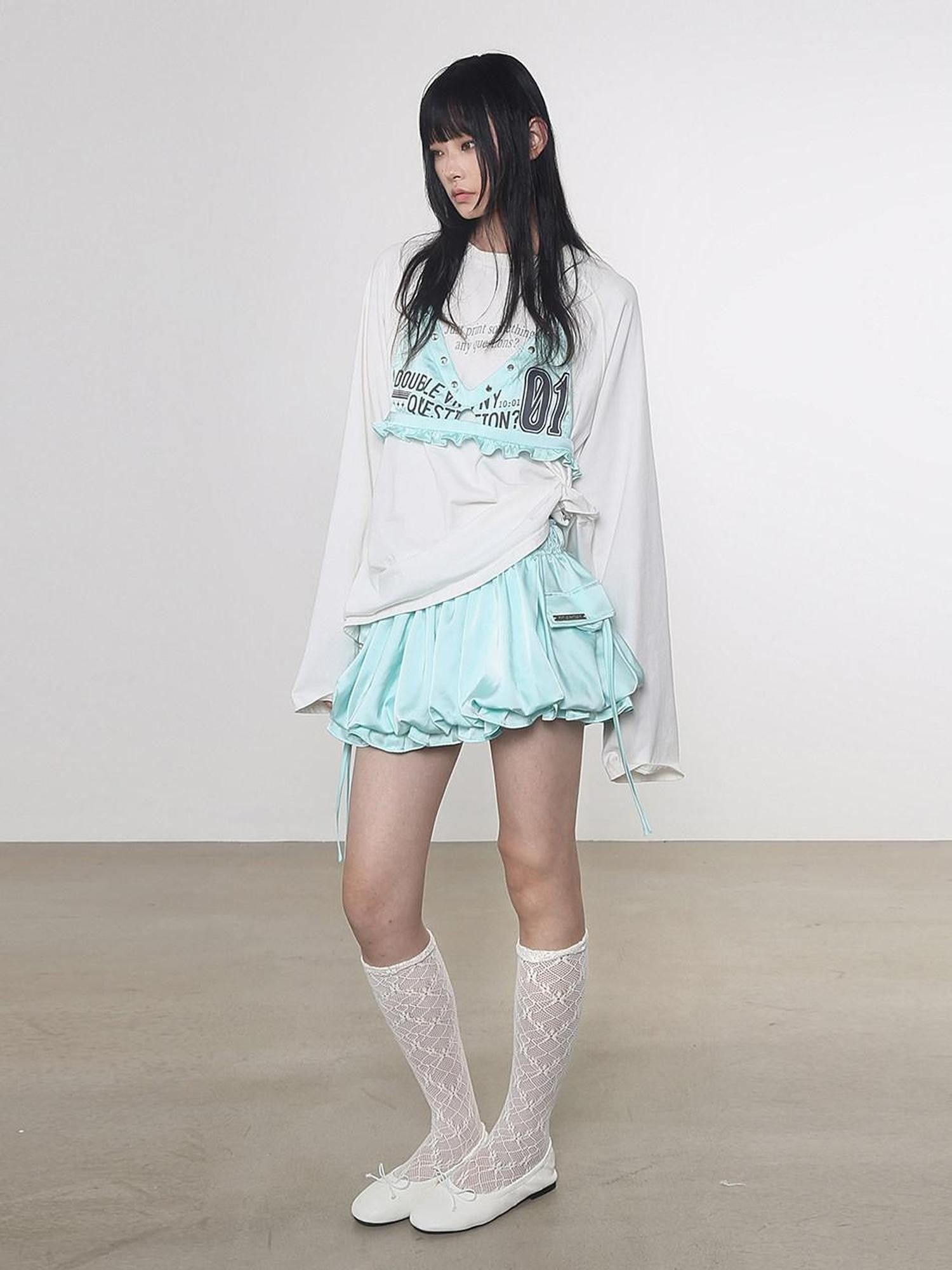 ANYQUESTION Mint Green Black White Low Waist Pocket Bubble Skirt Women&