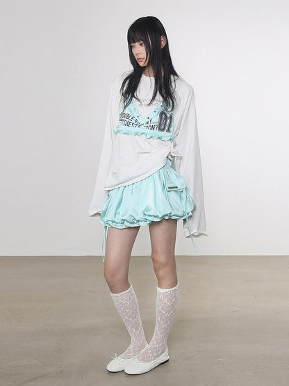 ANYQUESTION Mint Green Black White Low Waist Pocket Bubble Skirt Women&