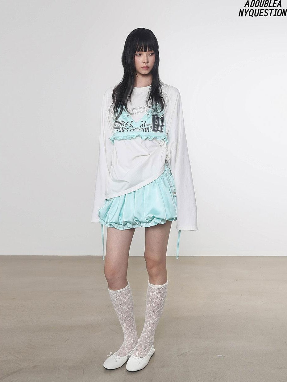 ANYQUESTION Mint Green Black White Low Waist Pocket Bubble Skirt Women&
