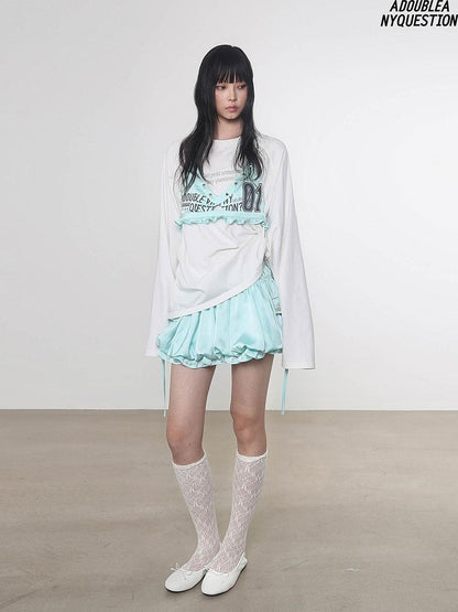 ANYQUESTION Mint Green Black White Low Waist Pocket Bubble Skirt Women&