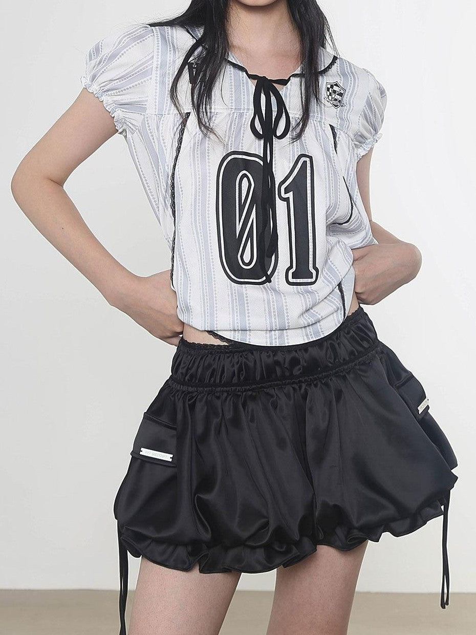 ANYQUESTION Mint Green Black White Low Waist Pocket Bubble Skirt Women&