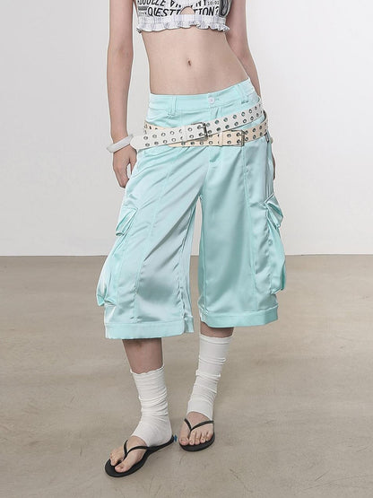 ANYQUESTION Mint Green Silky Loose Casual Mid Low Waist Women&