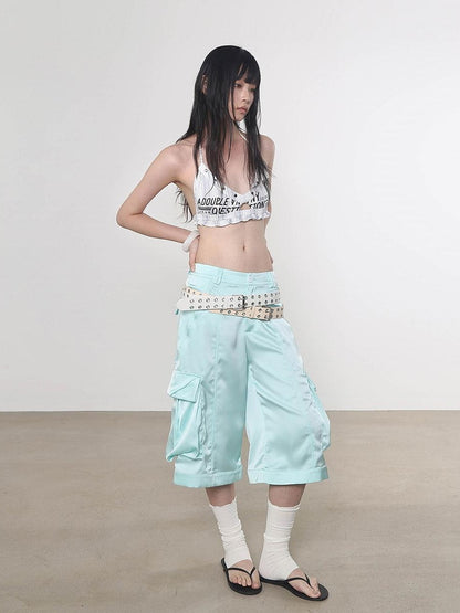 ANYQUESTION Mint Green Silky Loose Casual Mid Low Waist Women&