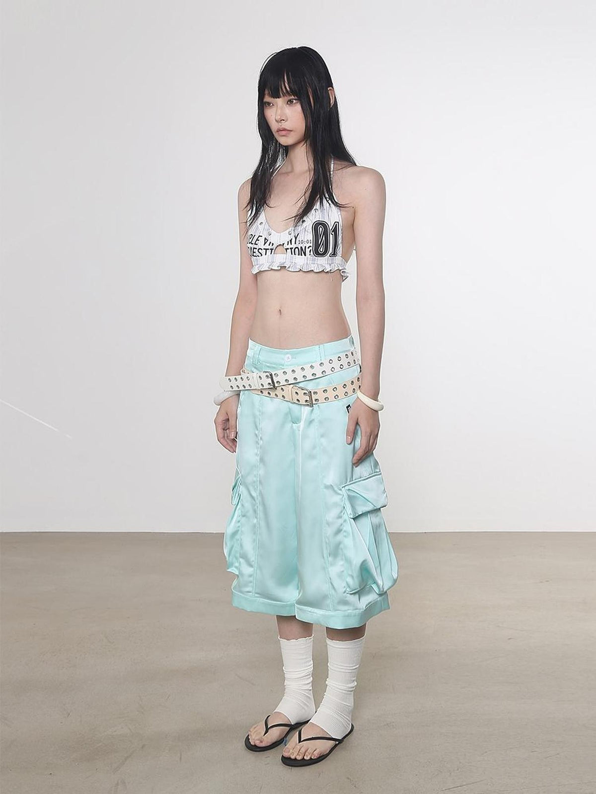 ANYQUESTION Mint Green Silky Loose Casual Mid Low Waist Women&