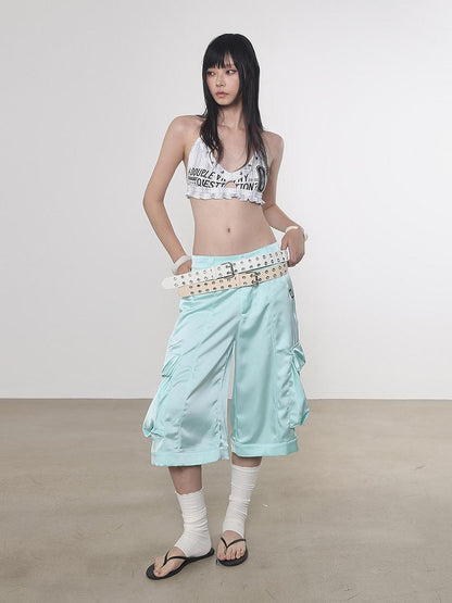 ANYQUESTION Mint Green Silky Loose Casual Mid Low Waist Women&
