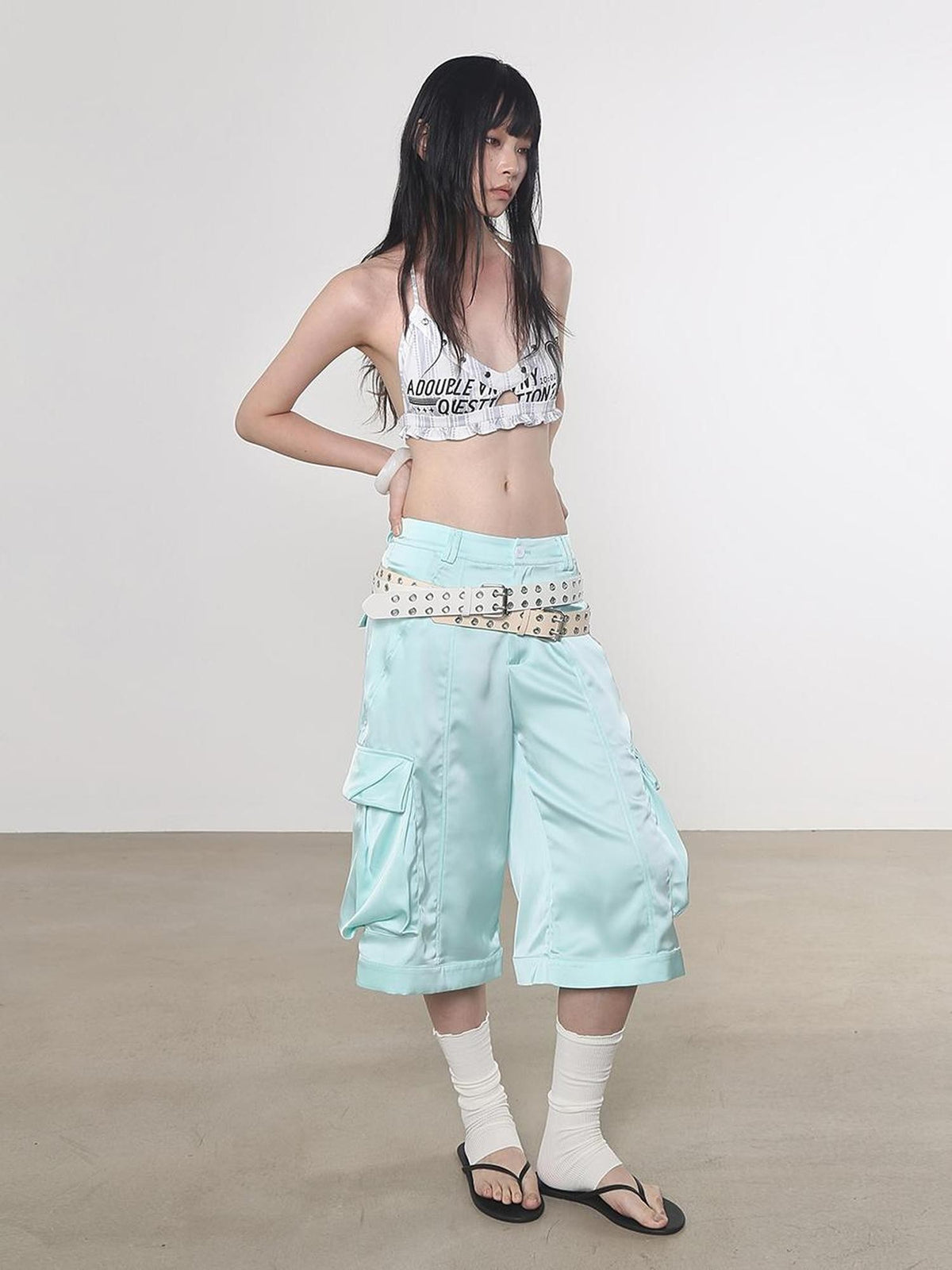 ANYQUESTION Mint Green Silky Loose Casual Mid Low Waist Women&
