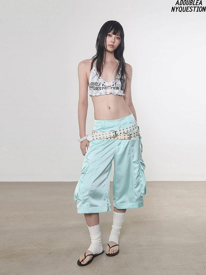 ANYQUESTION Mint Green Silky Loose Casual Mid Low Waist Women&