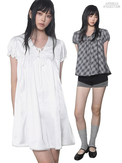Multi Color Doll Collar V-neck Tie Front Short Sleeve Women&