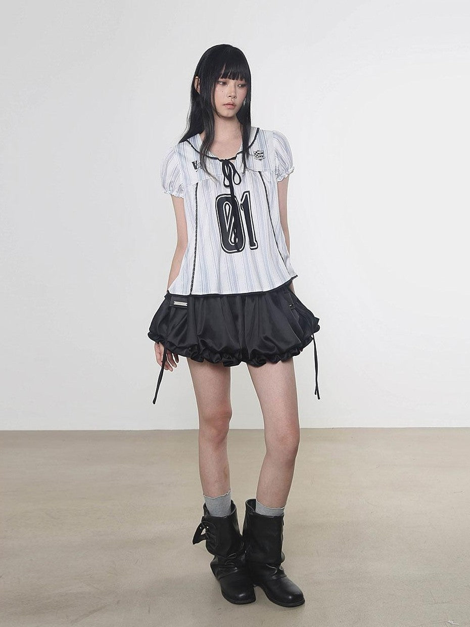 Multi Color Doll Collar V-neck Tie Front Short Sleeve Women&