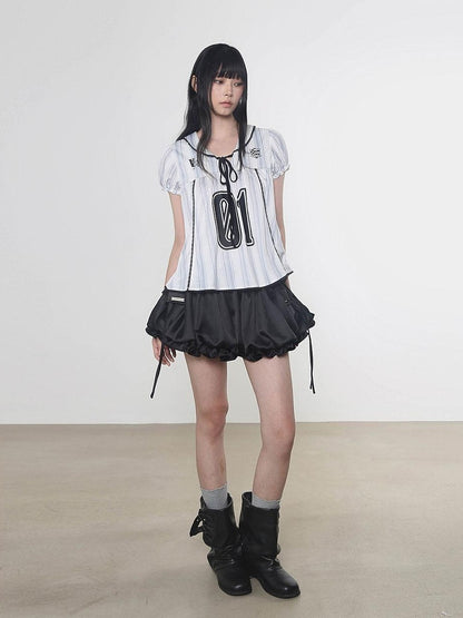 Multi Color Doll Collar V-neck Tie Front Short Sleeve Women&