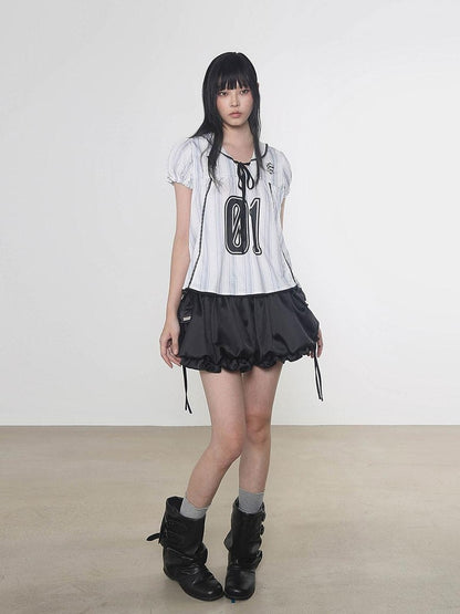 Multi Color Doll Collar V-neck Tie Front Short Sleeve Women&