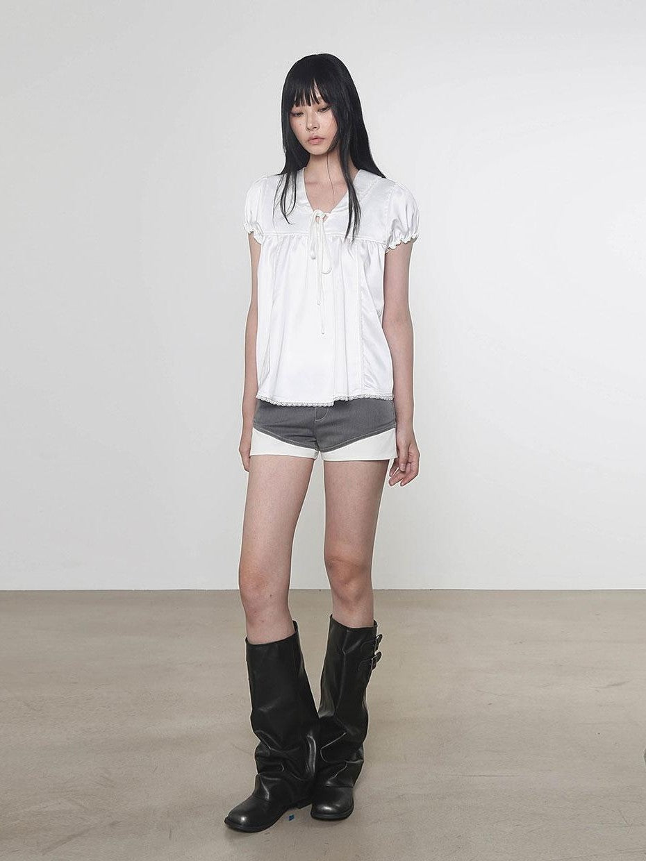 Multi Color Doll Collar V-neck Tie Front Short Sleeve Women&
