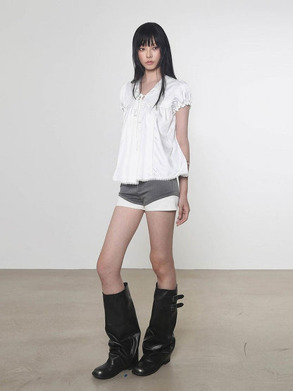 Multi Color Doll Collar V-neck Tie Front Short Sleeve Women&