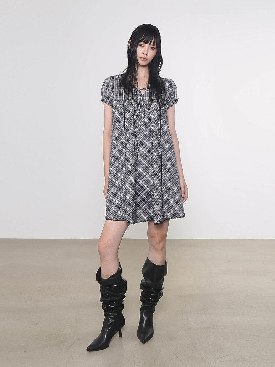 Multi Color Doll Collar V-neck Tie Front Short Sleeve Women&