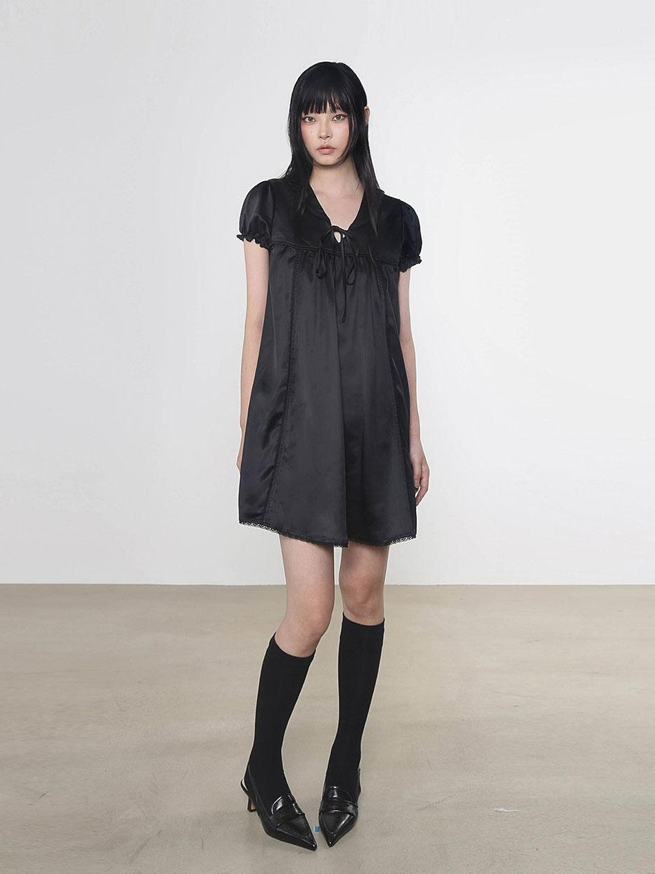 Multi Color Doll Collar V-neck Tie Front Short Sleeve Women&