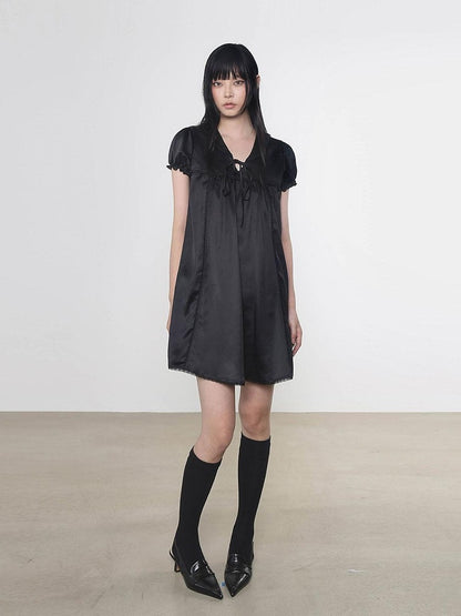 Multi Color Doll Collar V-neck Tie Front Short Sleeve Women&