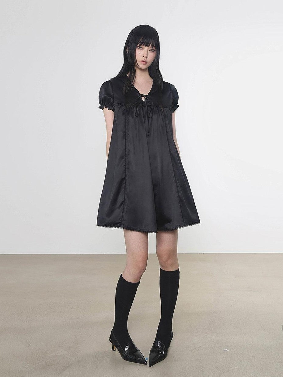 Multi Color Doll Collar V-neck Tie Front Short Sleeve Women&