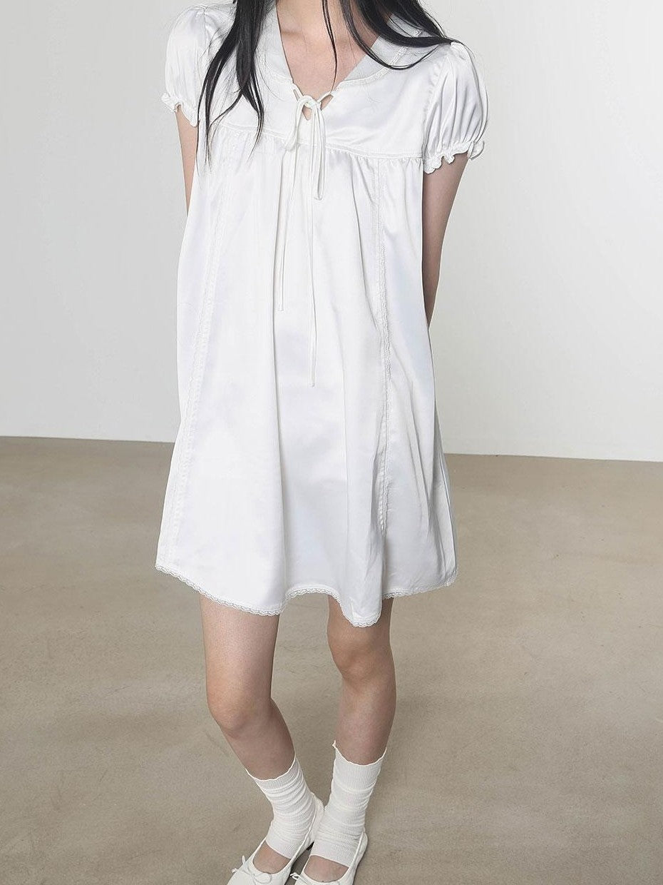 Multi Color Doll Collar V-neck Tie Front Short Sleeve Women&
