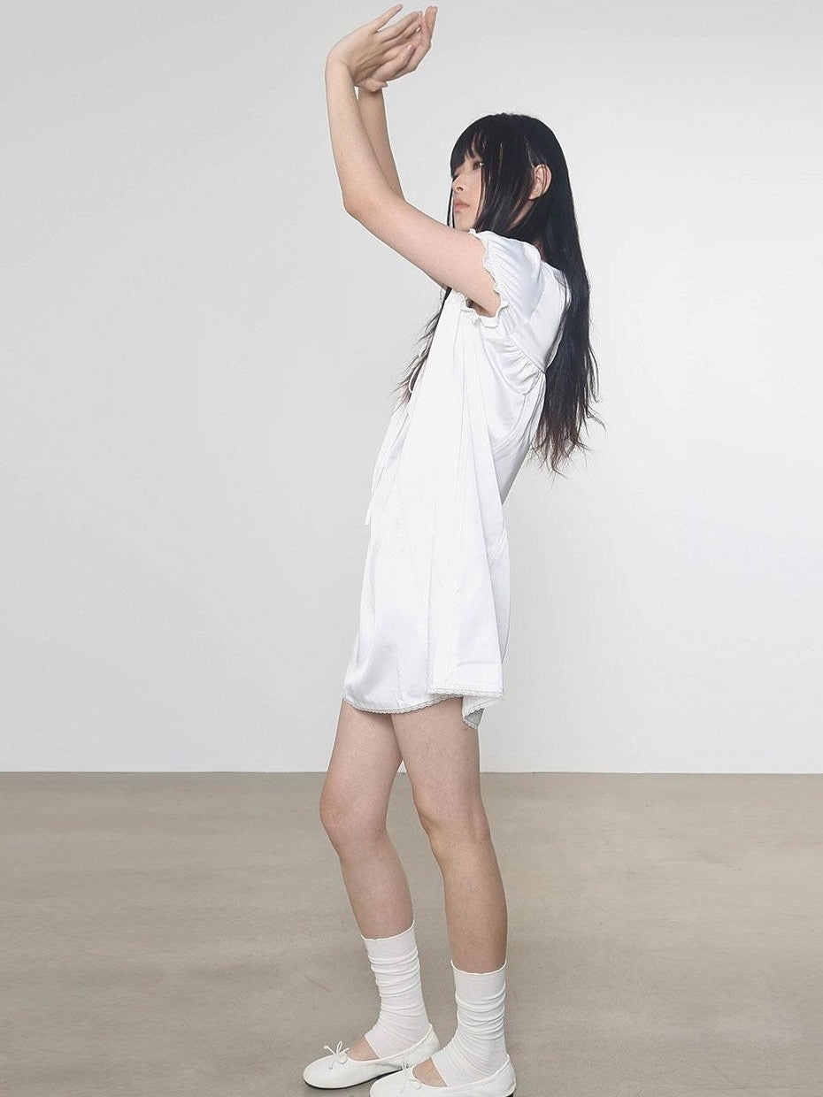 Multi Color Doll Collar V-neck Tie Front Short Sleeve Women&