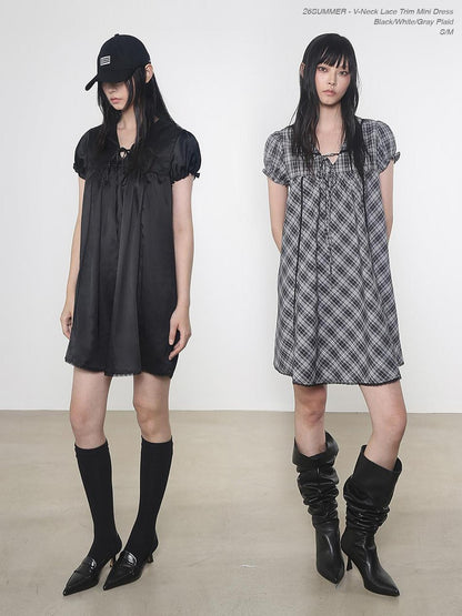 Multi Color Doll Collar V-neck Tie Front Short Sleeve Women&