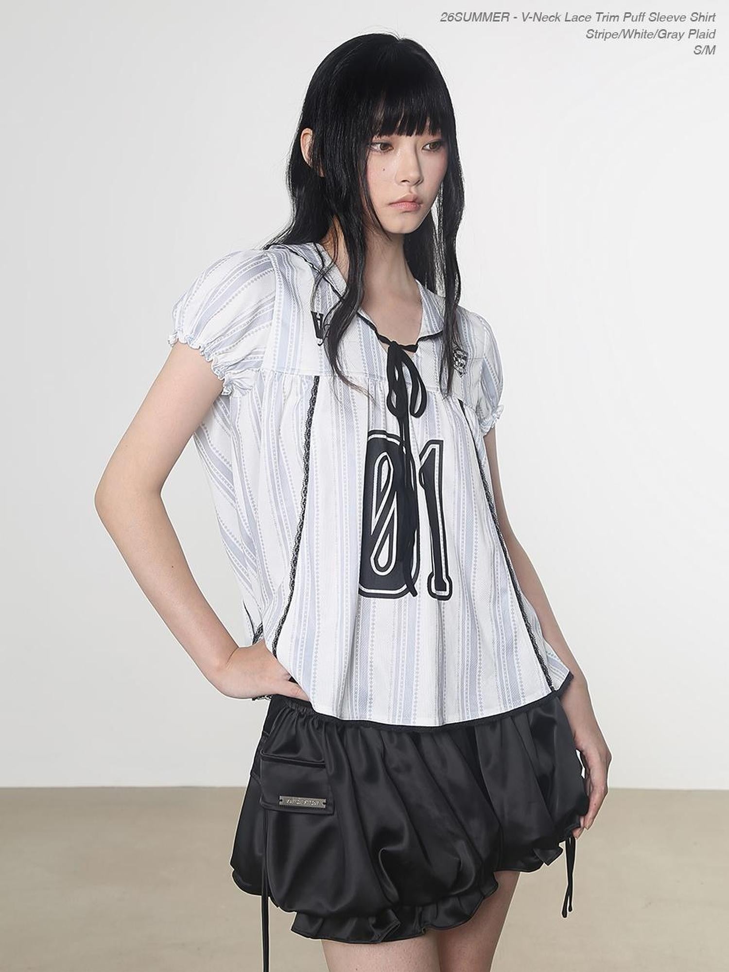 Multi Color Doll Collar V-neck Tie Front Short Sleeve Women&