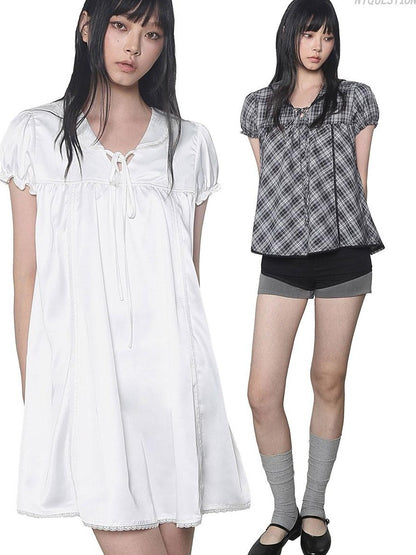 Multi Color Doll Collar V-neck Tie Front Short Sleeve Women&