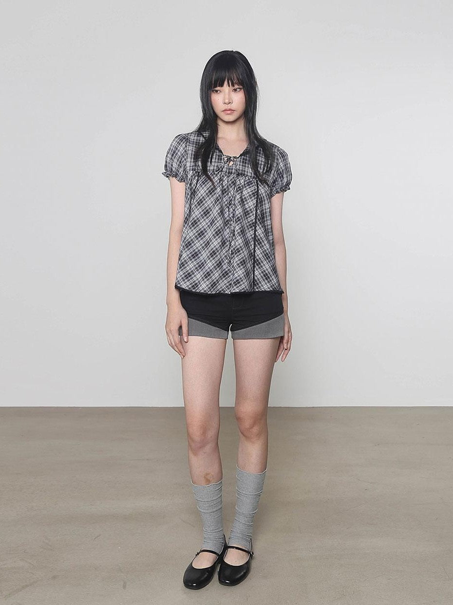 Multi Color Doll Collar V-neck Tie Front Short Sleeve Women&