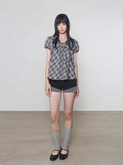 Multi Color Doll Collar V-neck Tie Front Short Sleeve Women&