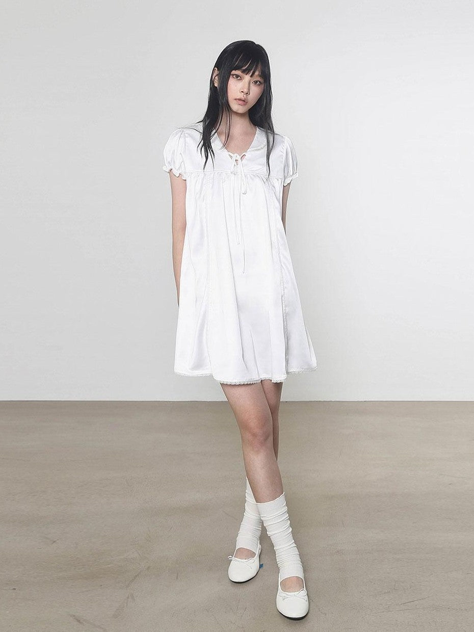 Multi Color Doll Collar V-neck Tie Front Short Sleeve Women&