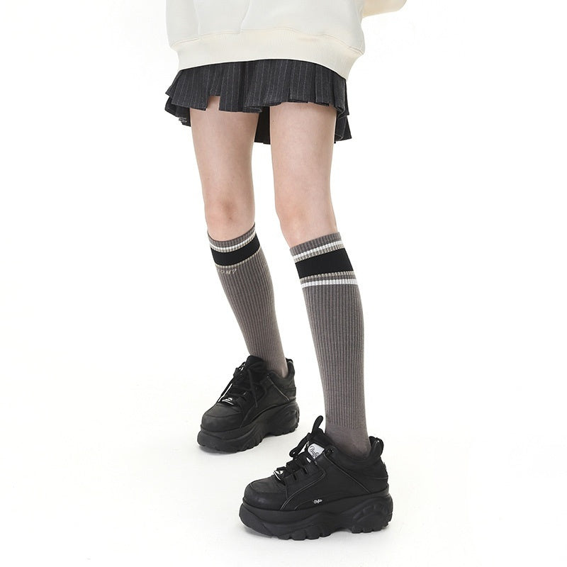 ANYQUESTION_Muted_Brown_Gray_Striped_Ribbed_Preppy_Textured_Women&