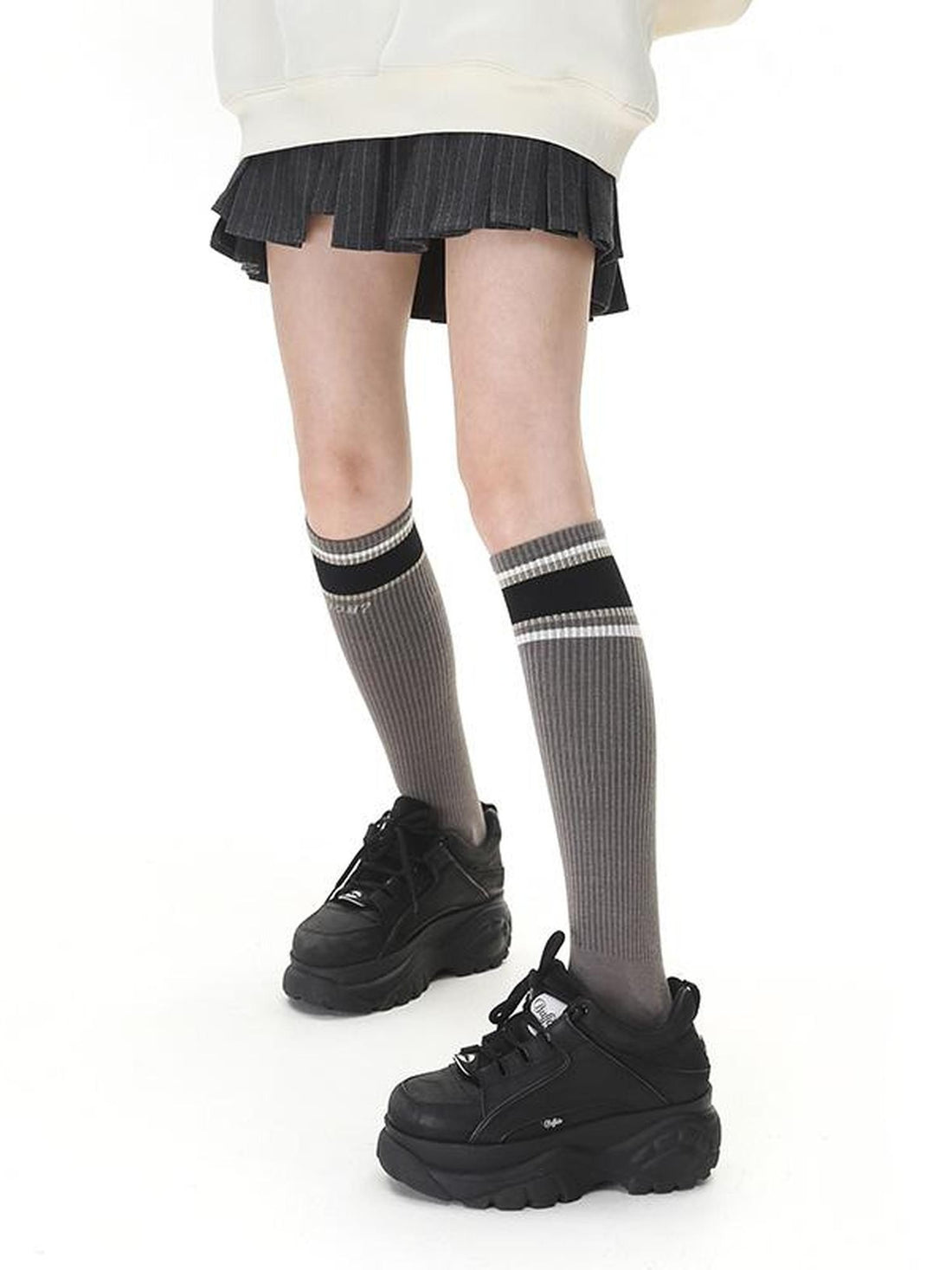 ANYQUESTION Muted Brown Gray Striped Ribbed Preppy Textured Women&