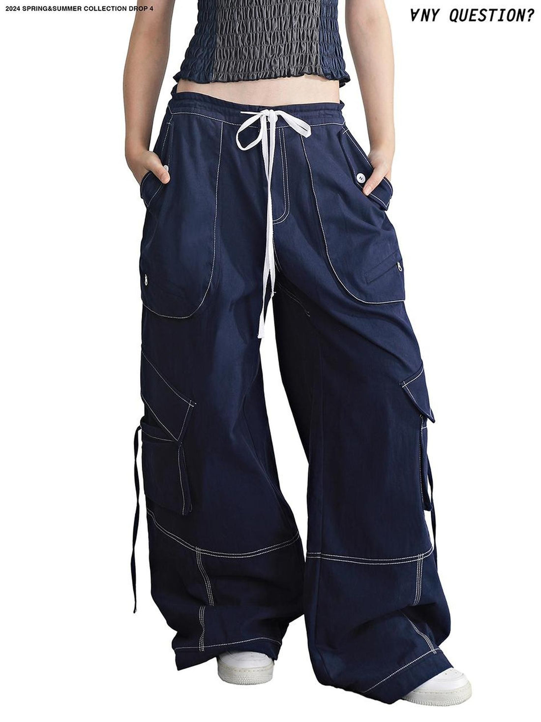 ANYQUESTION Navy Drawstring Topstitch Panel Pocket Structure Women&