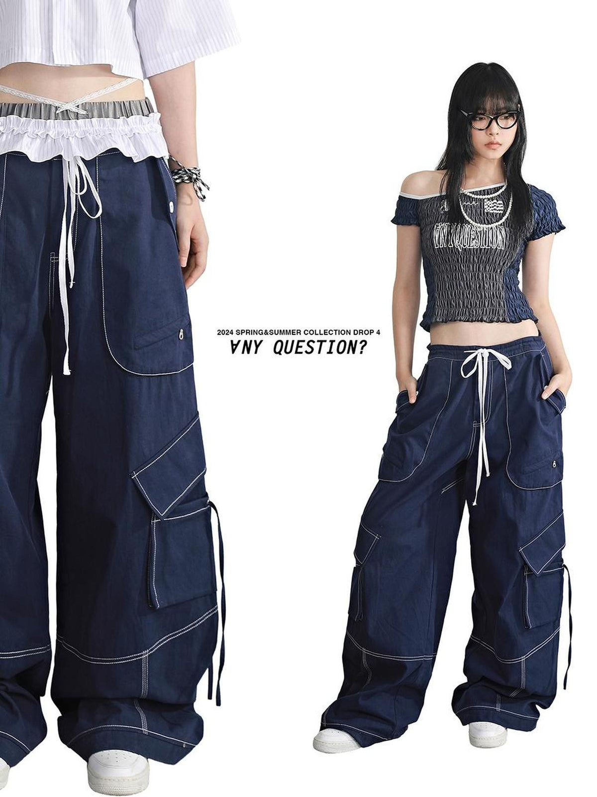 ANYQUESTION Navy Drawstring Topstitch Panel Pocket Structure Women&